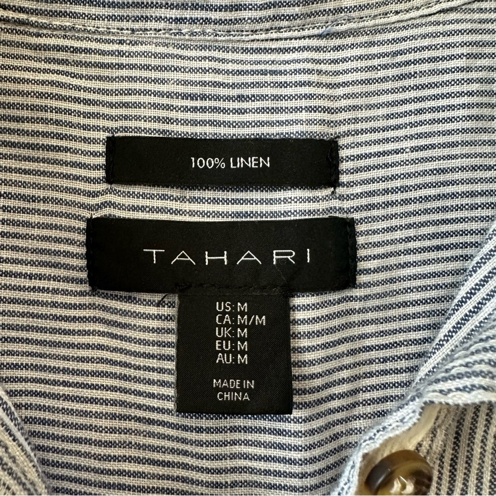 Tahari 100% Linen Sleeveless Blue Stripe Button-Down Dress - Picture 4 of 6